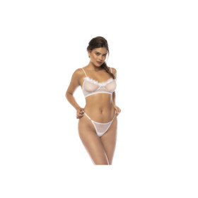 Ensemble 3 pièces blanc Emmie, soutien gorge, porte jarretelles avec fausse fourrure et string assorti 